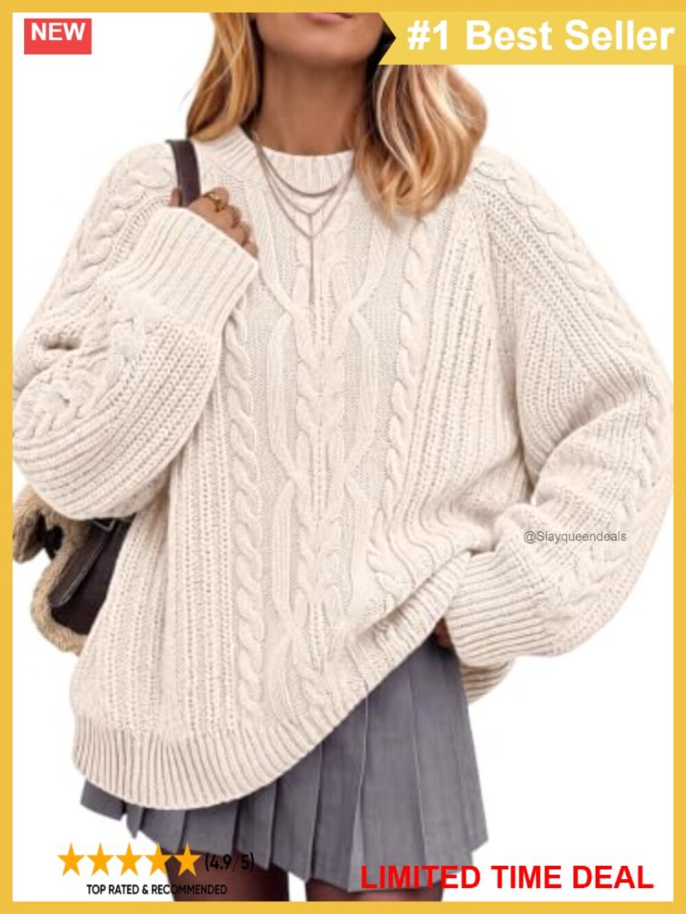 Cable Knit Crewneck Oversized Pullover Sweater Cotton Blend Fall Winter